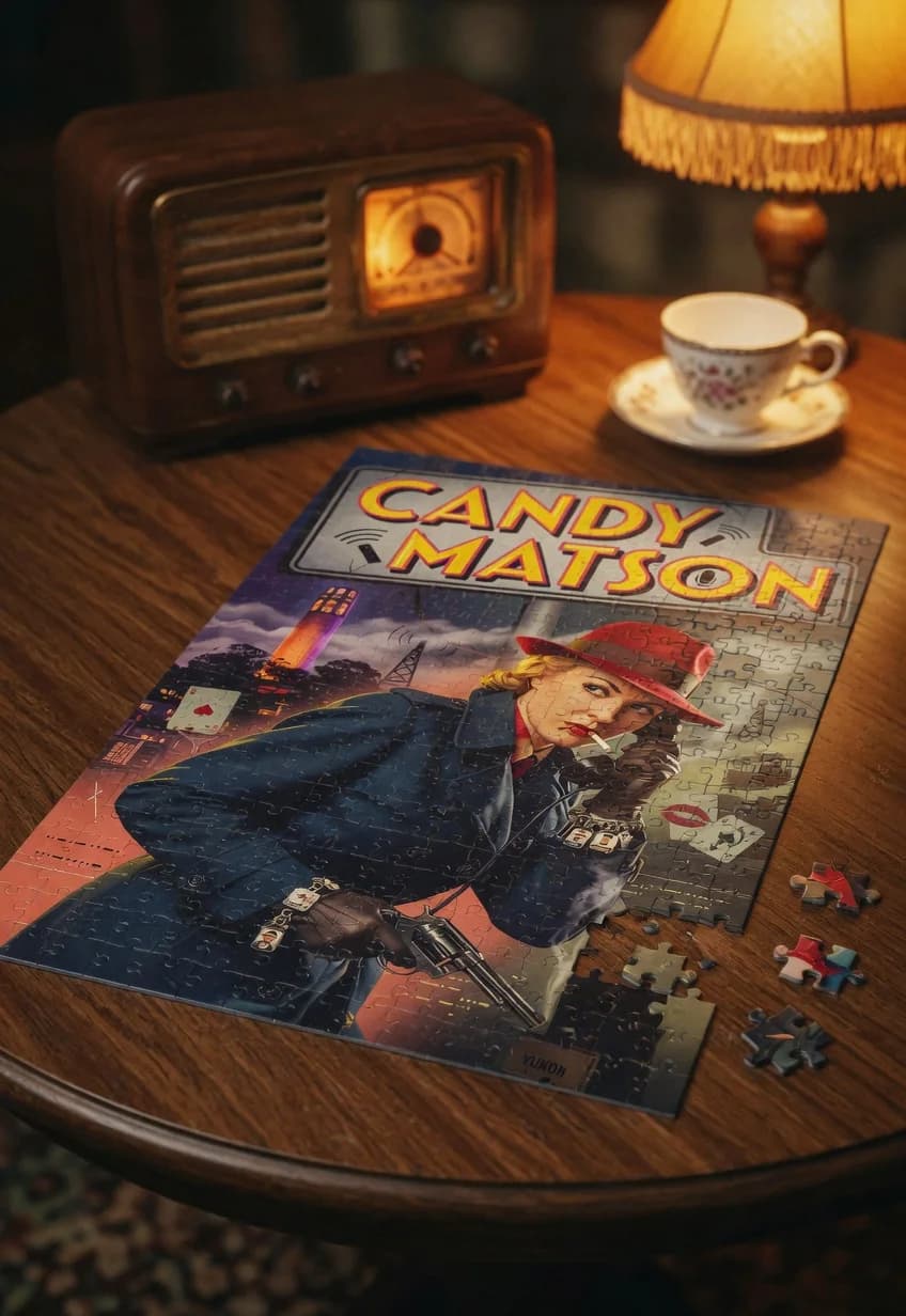 Candy Matson — 1000-piece jigsaw puzzle, nearly finished, with the last pieces beside it