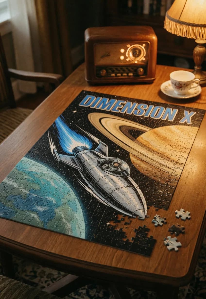 Dimension X — 1000-piece jigsaw puzzle, nearly finished, with the last pieces beside it