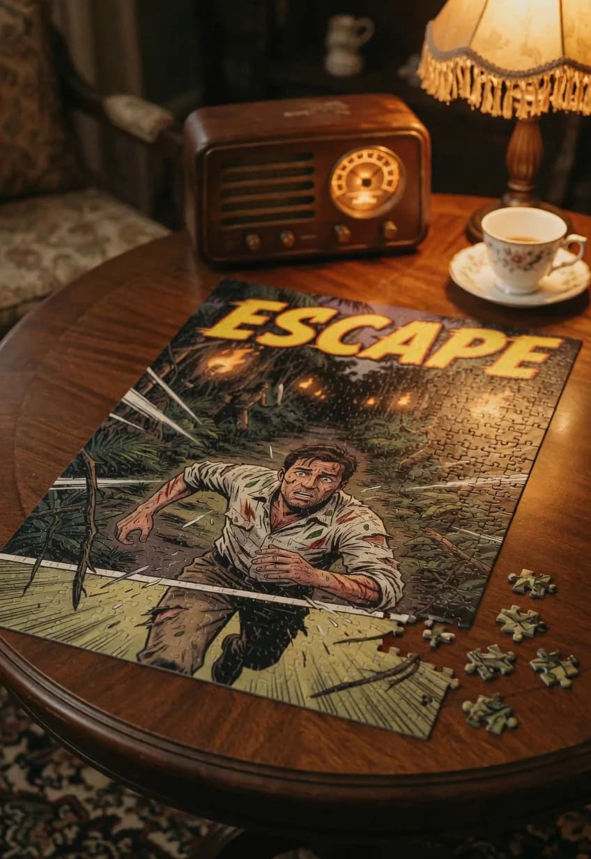 Escape — 1000-piece jigsaw puzzle, nearly finished, with the last pieces beside it