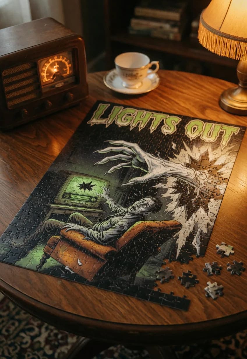 Lights Out — 1000-piece jigsaw puzzle, nearly finished, with the last pieces beside it