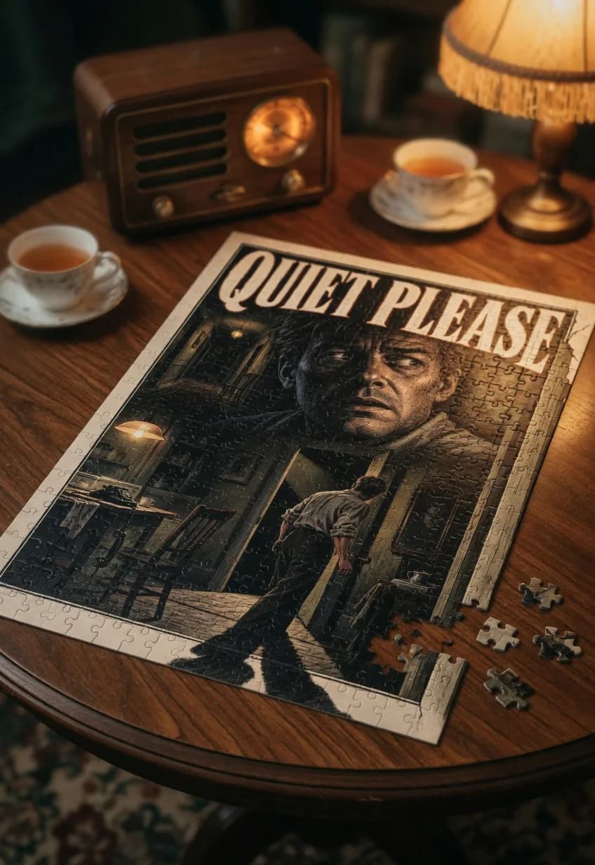 Quiet Please — 1000-piece jigsaw puzzle, nearly finished, with the last pieces beside it