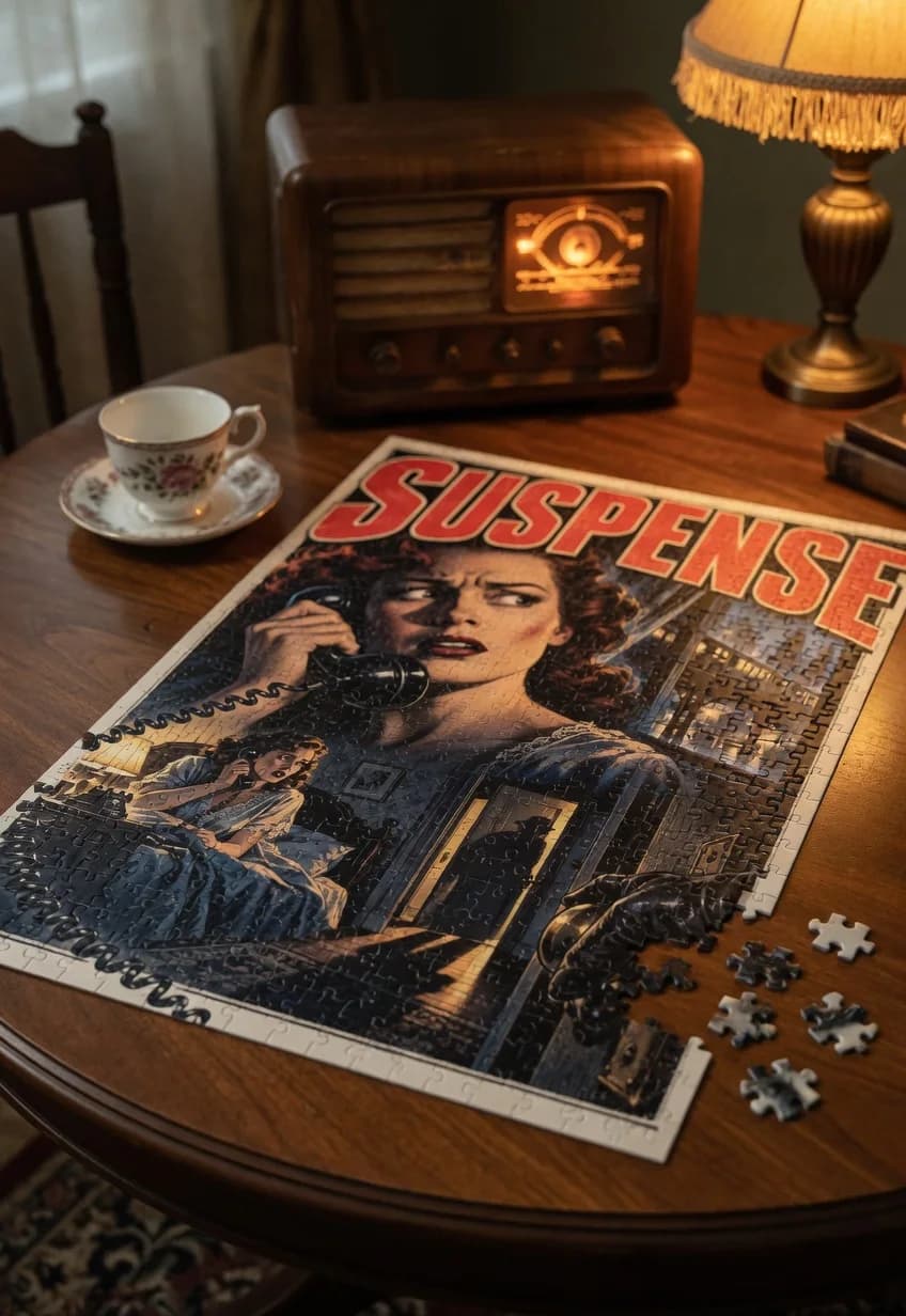 Suspense — 1000-piece jigsaw puzzle, nearly finished, with the last pieces beside it