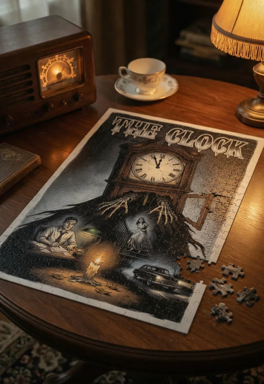 The Clock — 1000-piece jigsaw puzzle, nearly finished, with the last pieces beside it