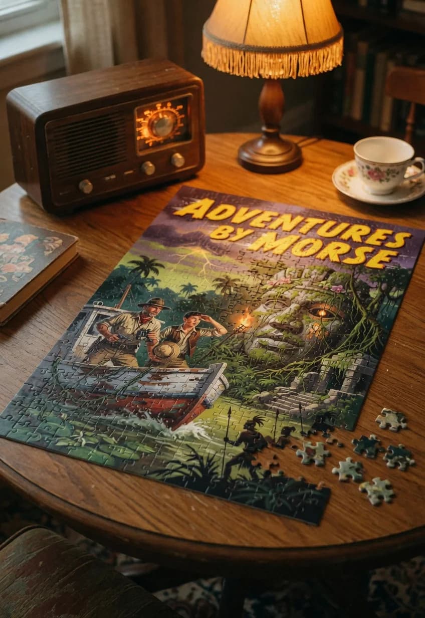 Adventures by Morse — 1000-piece jigsaw puzzle, nearly finished, with the last pieces beside it