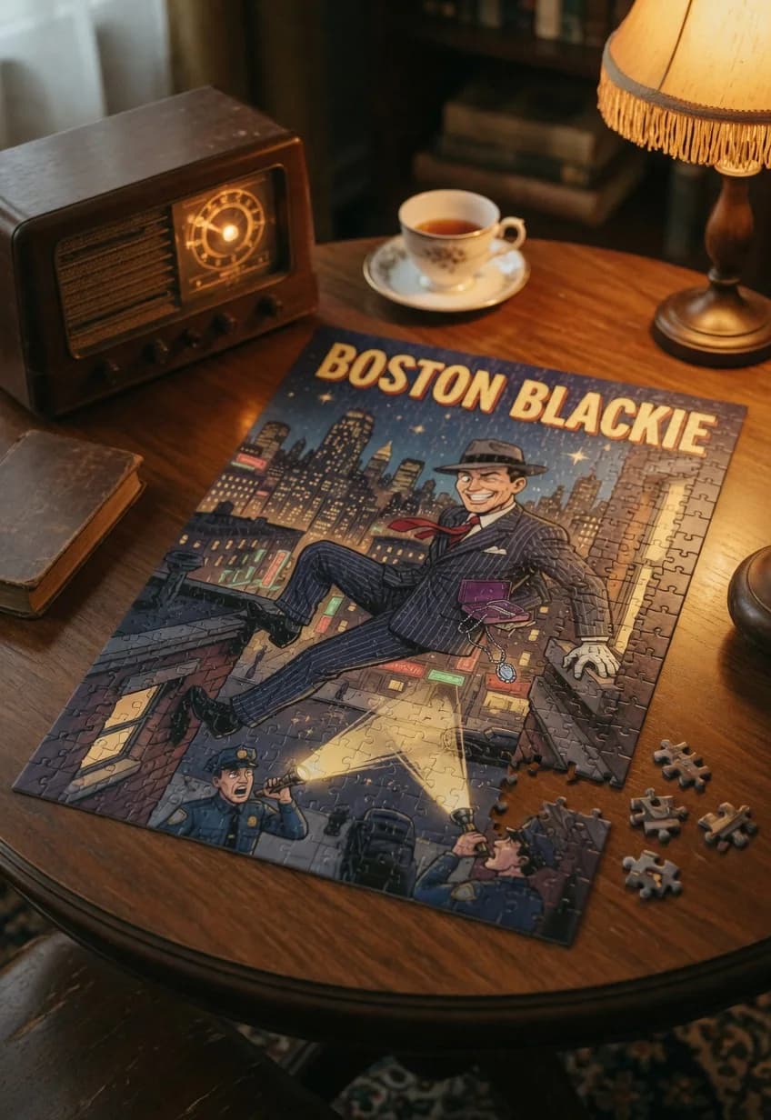 Boston Blackie — 1000-piece jigsaw puzzle, nearly finished, with the last pieces beside it