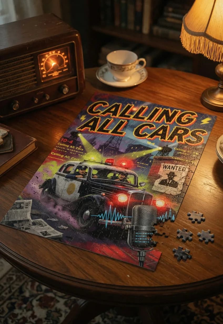 Calling All Cars — 1000-piece jigsaw puzzle, nearly finished, with the last pieces beside it