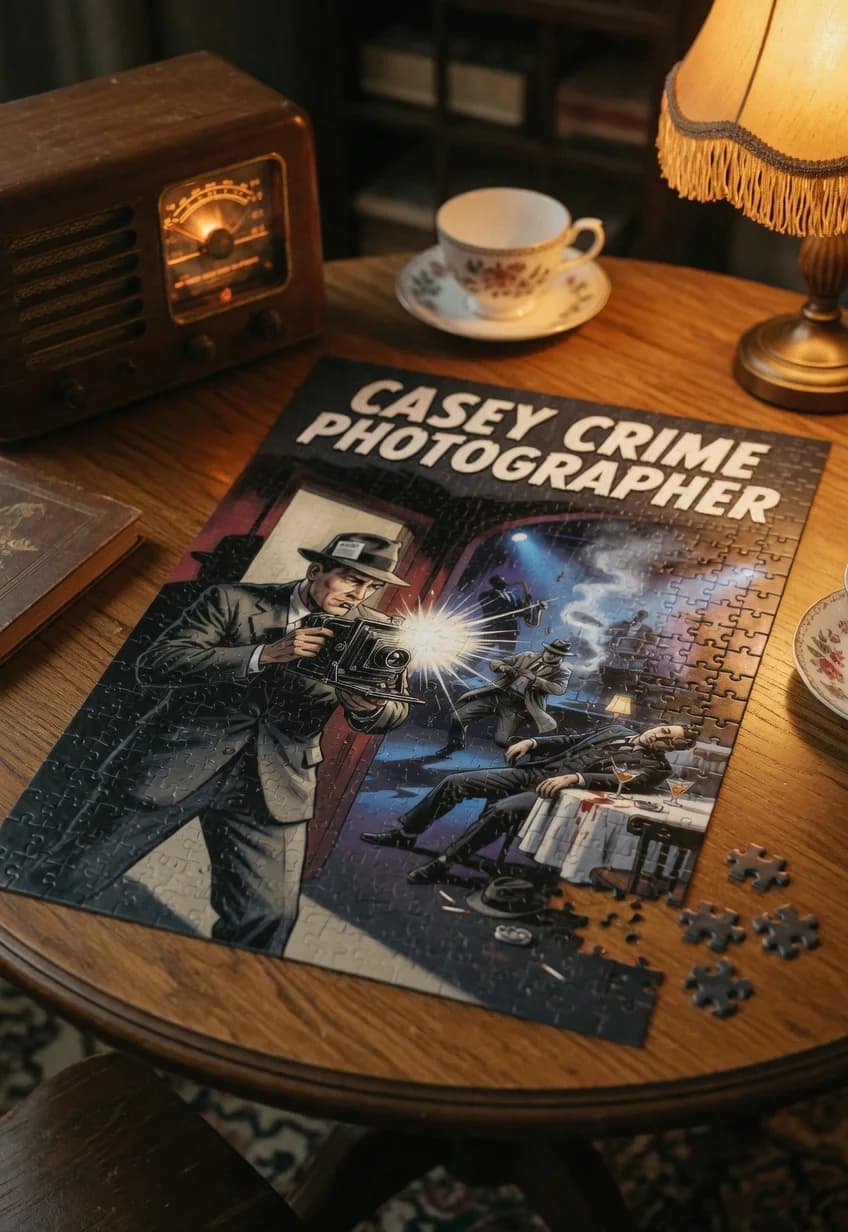 Casey, Crime Photographer — 1000-piece jigsaw puzzle, nearly finished, with the last pieces beside it