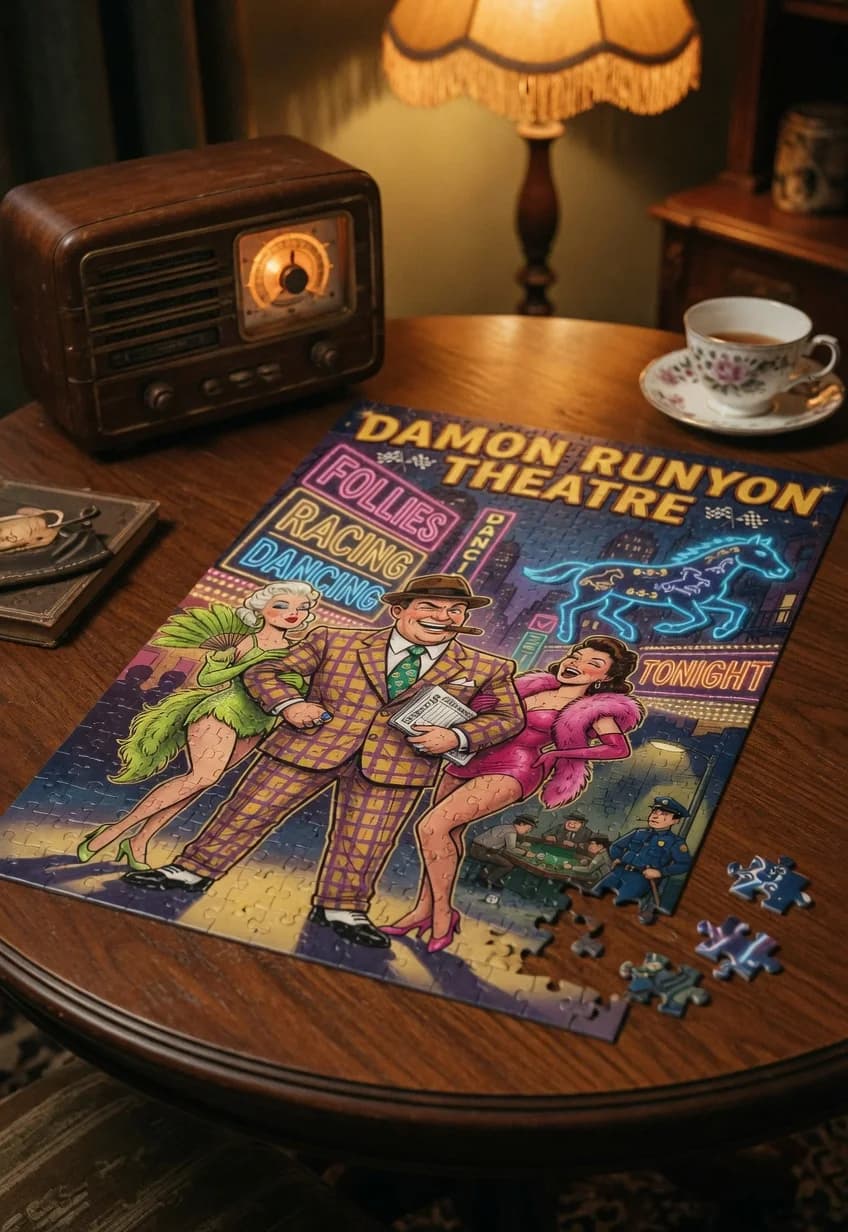 Damon Runyon Theater — 1000-piece jigsaw puzzle, nearly finished, with the last pieces beside it