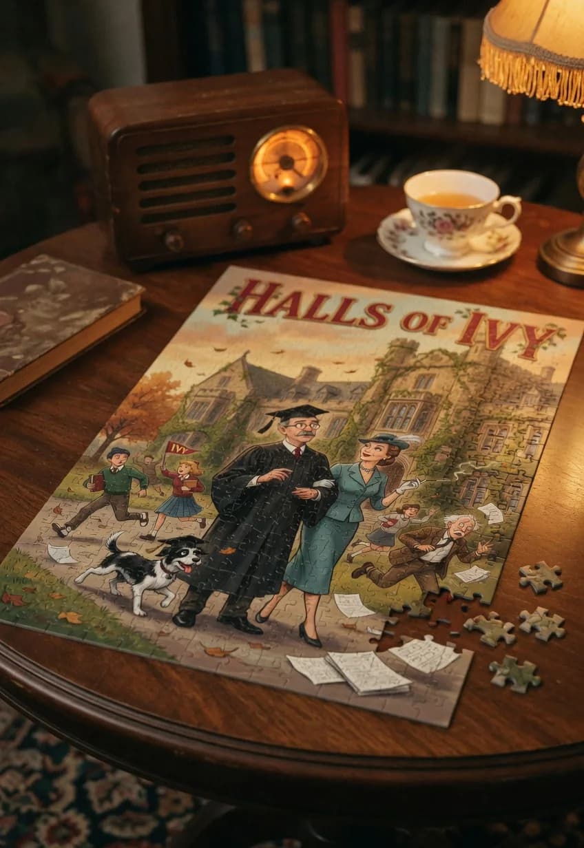 The Halls of Ivy — 1000-piece jigsaw puzzle, nearly finished, with the last pieces beside it
