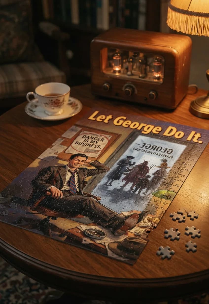 Let George Do It — 1000-piece jigsaw puzzle, nearly finished, with the last pieces beside it