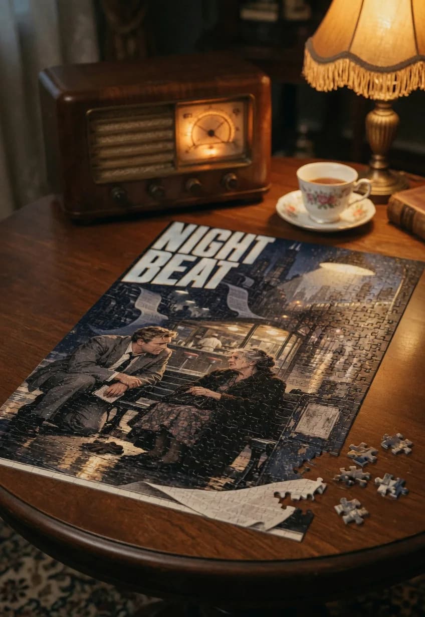 Night Beat — 1000-piece jigsaw puzzle, nearly finished, with the last pieces beside it