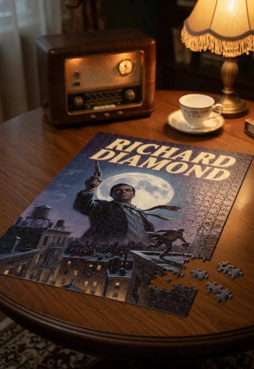 Richard Diamond, Private Detective — 1000-piece jigsaw puzzle, nearly finished, with the last pieces beside it