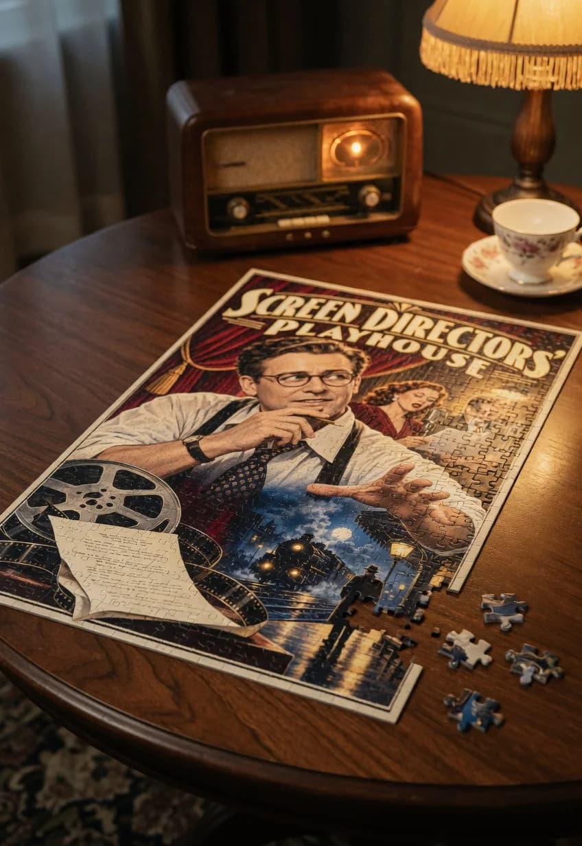 Screen Directors' Playhouse — 1000-piece jigsaw puzzle, nearly finished, with the last pieces beside it