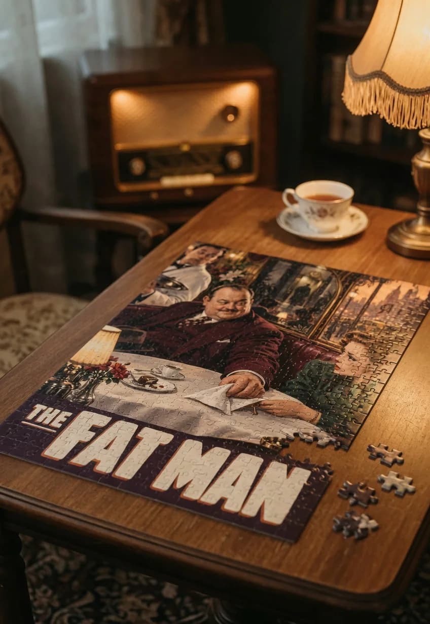 The Fat Man — 1000-piece jigsaw puzzle, nearly finished, with the last pieces beside it