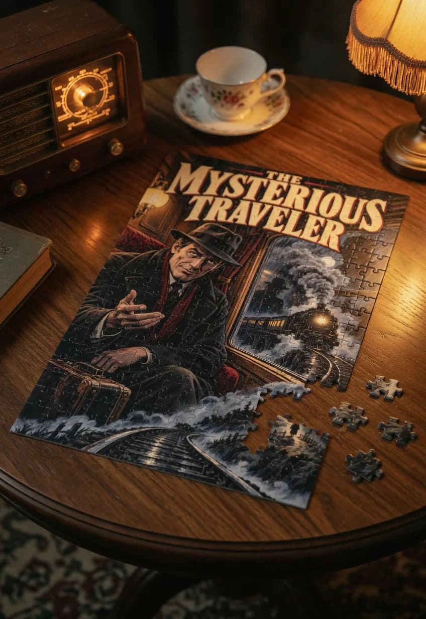 The Mysterious Traveler — 1000-piece jigsaw puzzle, nearly finished, with the last pieces beside it