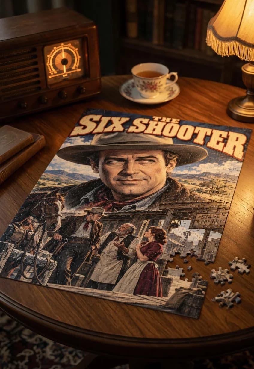The Six Shooter — 1000-piece jigsaw puzzle, nearly finished, with the last pieces beside it