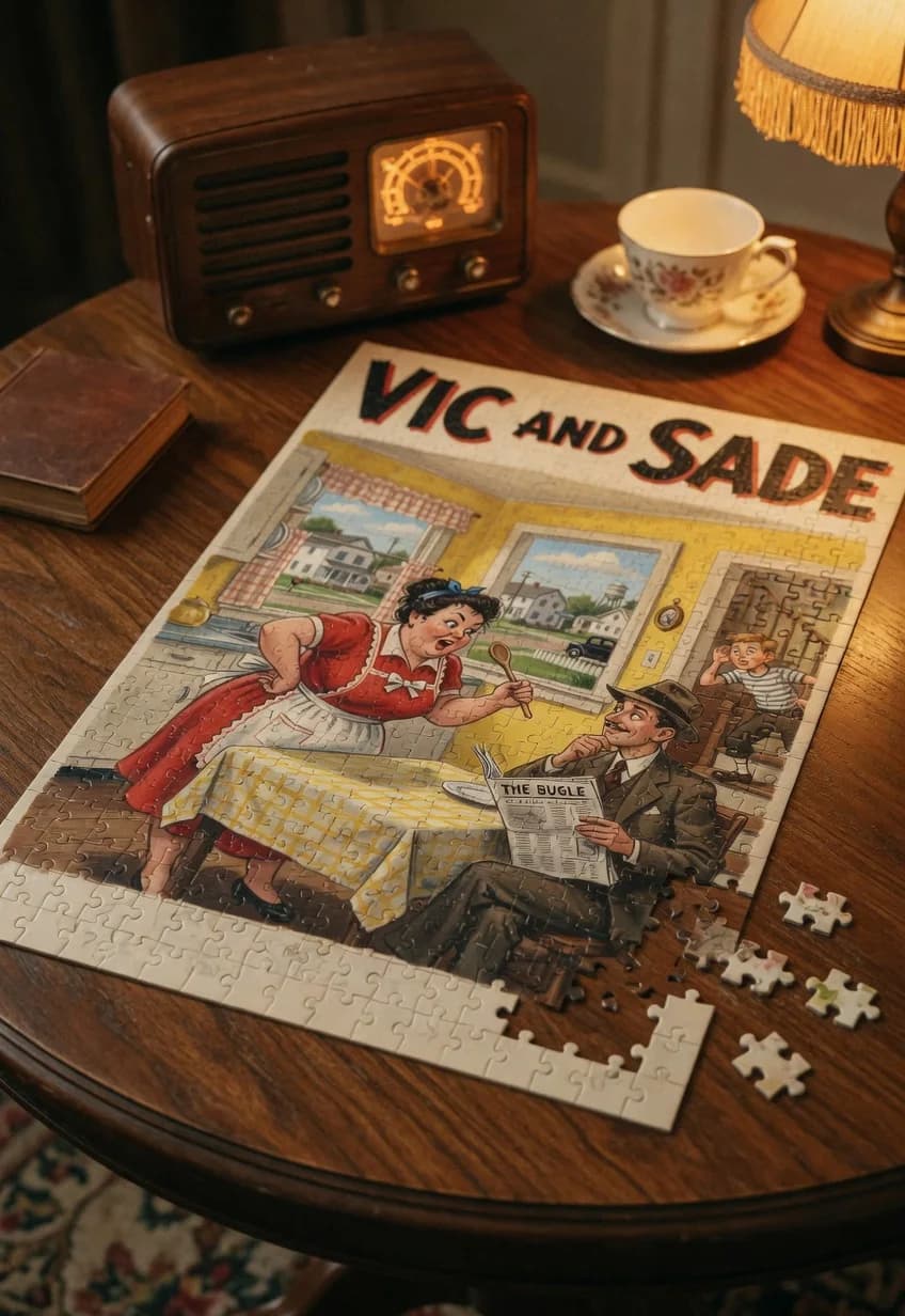 Vic and Sade — 1000-piece jigsaw puzzle, nearly finished, with the last pieces beside it