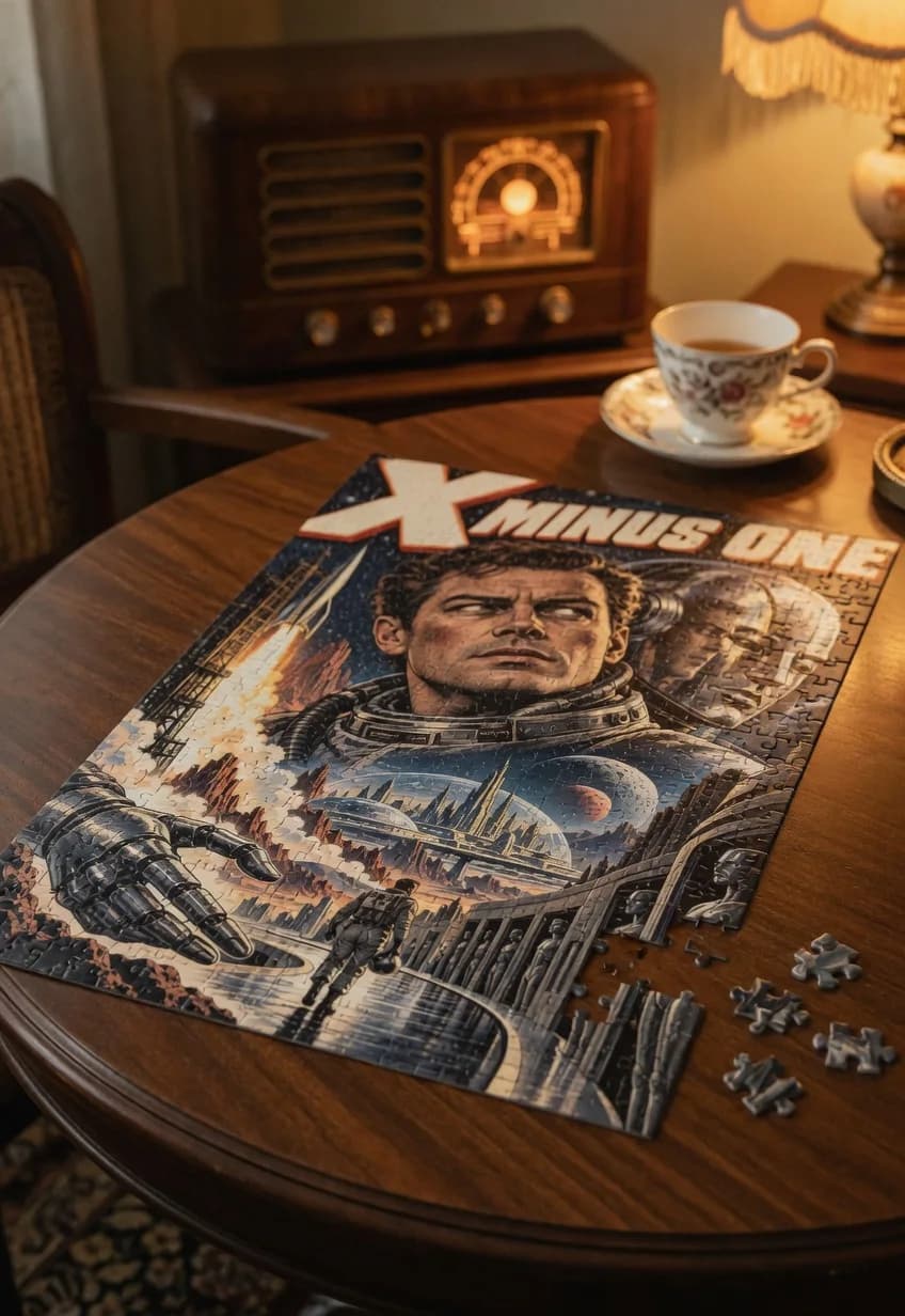 X Minus One — 1000-piece jigsaw puzzle, nearly finished, with the last pieces beside it